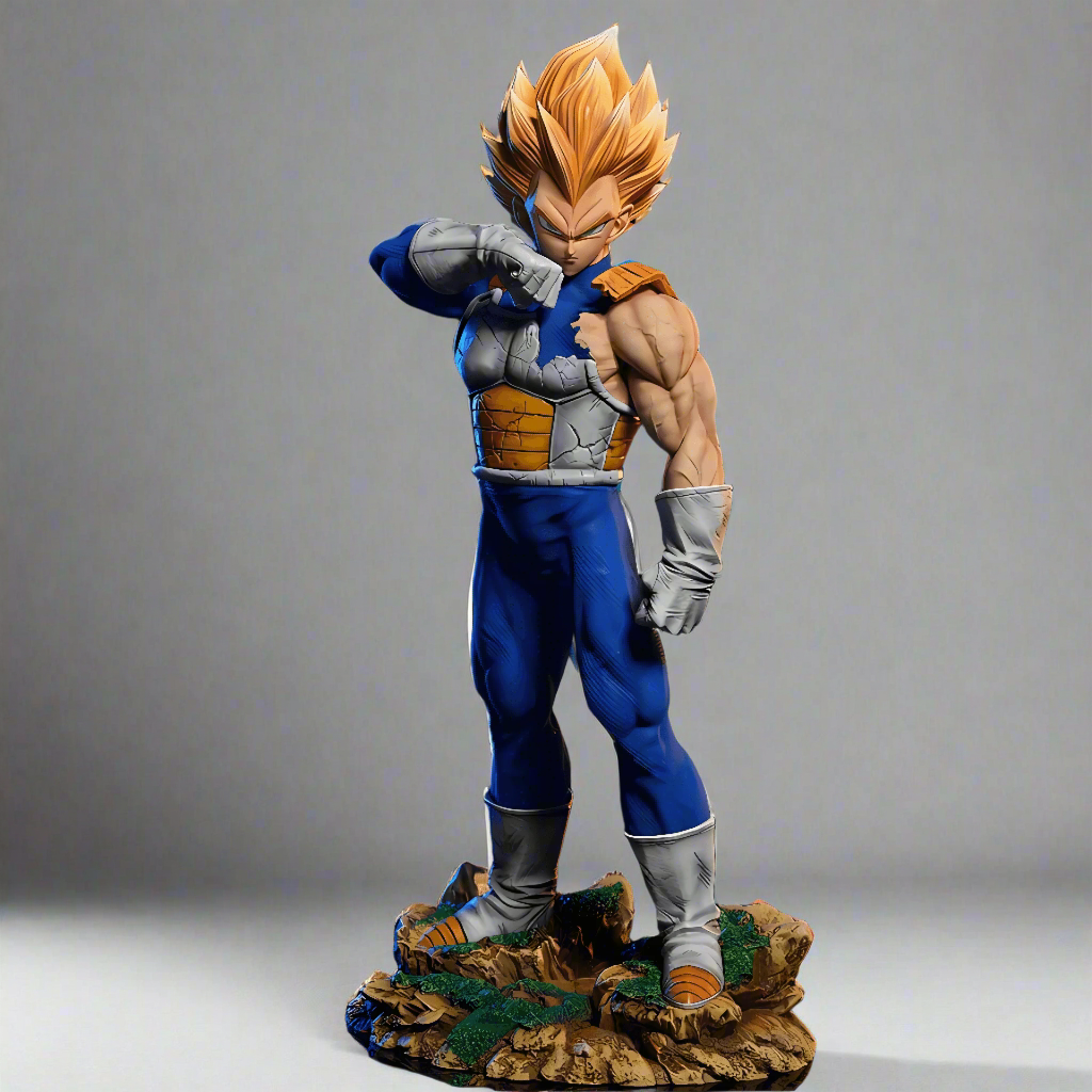Vegeta figure in a powerful stance from Dragon Ball Z, featuring detailed muscle sculpting and Super Saiyan hair, against a plain white background.