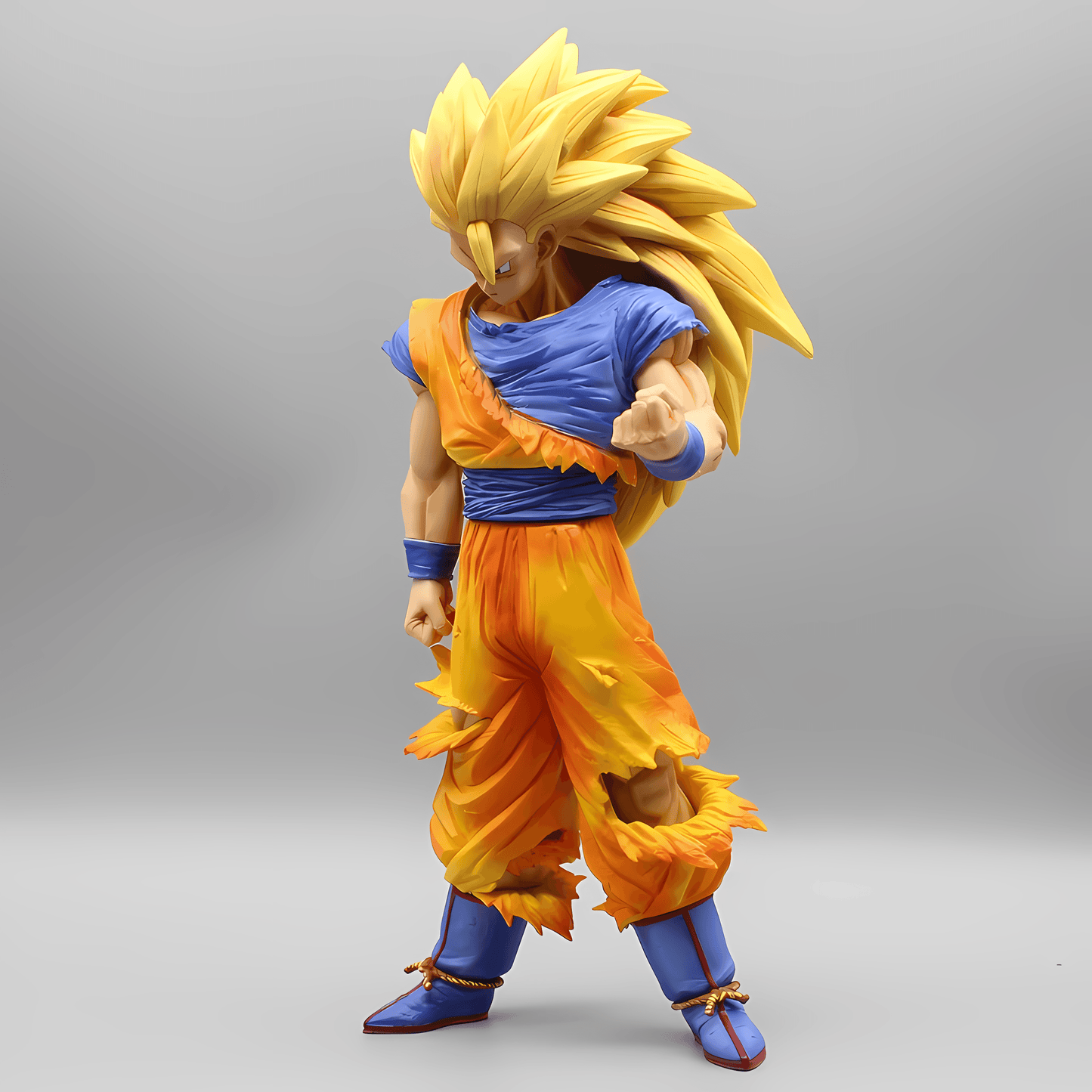 Dynamic angle of the 'Ascendant Fury Goku' figure in a combat stance, showcasing the intense facial expression and battle-damaged clothing.
