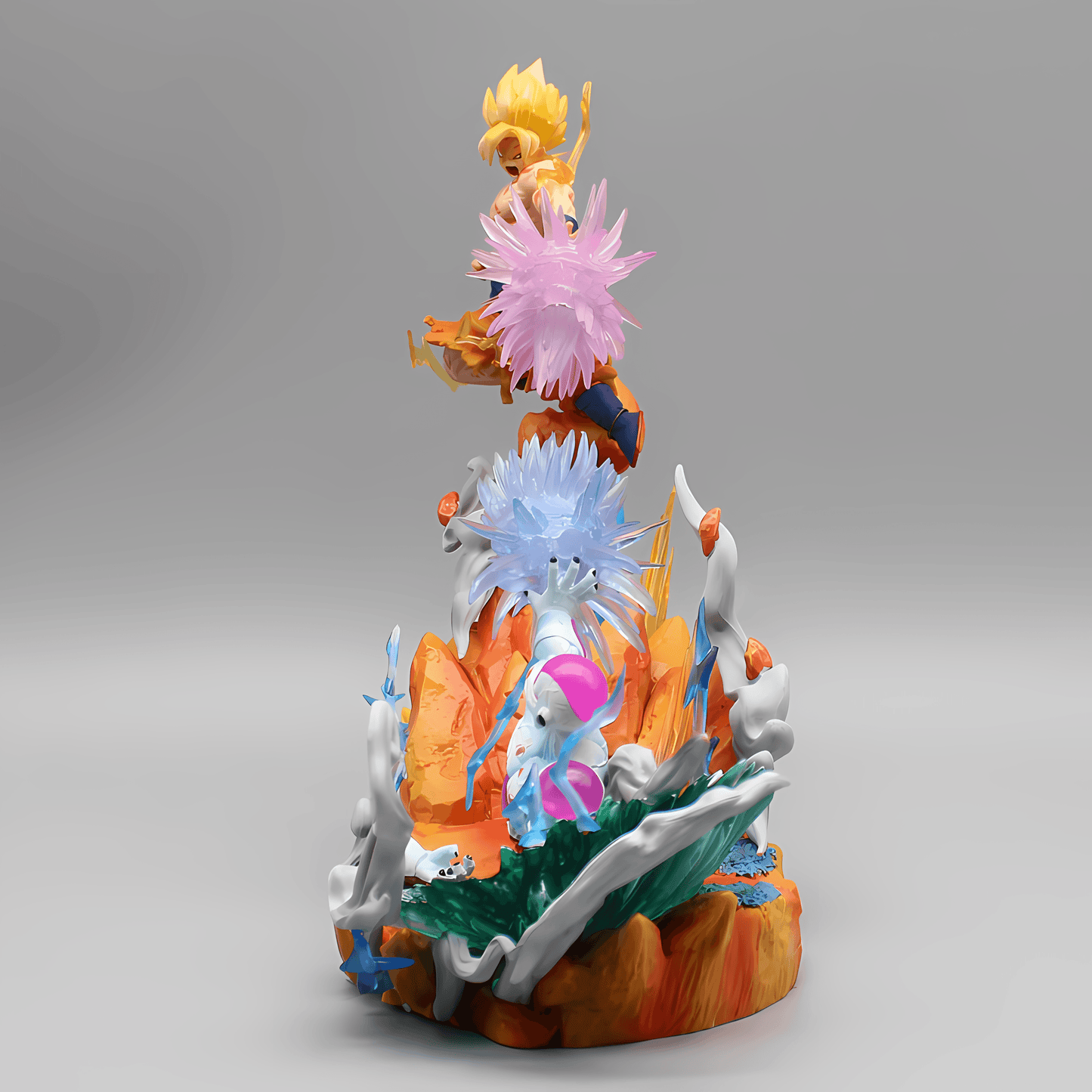 A striking 'Clash of Titans Goku vs. Frieza' collectible from Dragon Ball, depicting a soaring Super Saiyan Goku above and a defiant Frieza below, surrounded by a chaotic mix of molten lava and icy blasts. The dynamic composition captures the essence of their epic battle with meticulous detailing and contrasting elements, set against a neutral gray backdrop to highlight the figures' intensity.