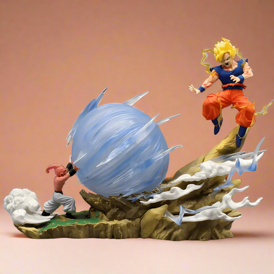 Action figure of a character in an orange and blue outfit with a large blue energy ball on a beige background