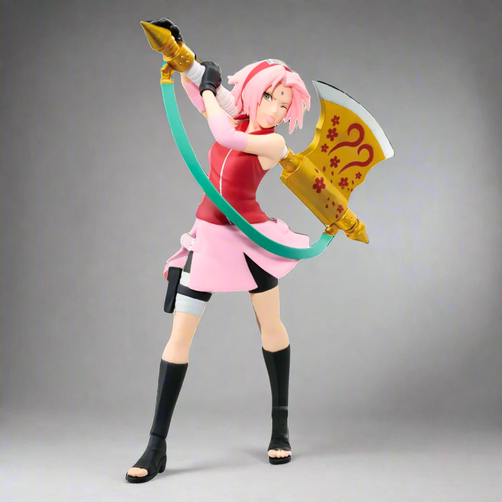 Action figure of a character with pink hair and a red outfit holding a weapon on a gray background