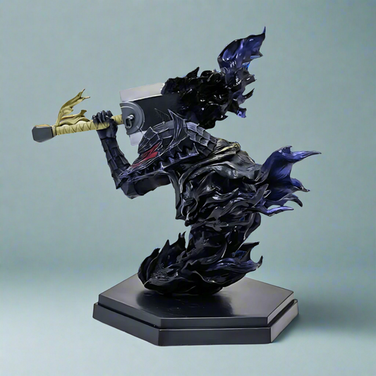 Black and blue fantasy creature with a sword on a white background