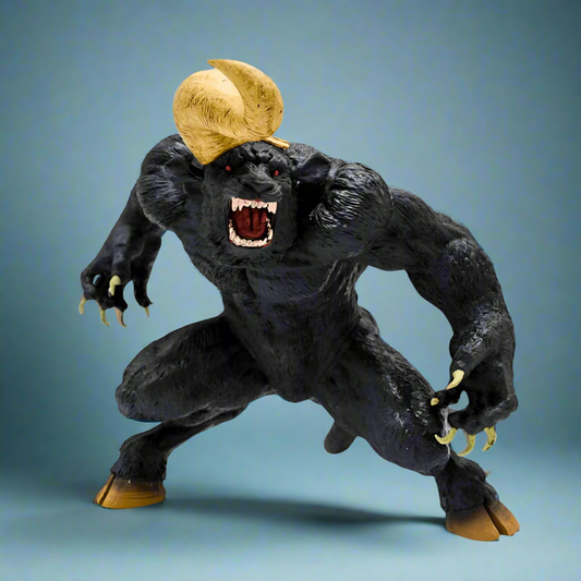 Action figure of a gorilla with a gold helmet on a white background