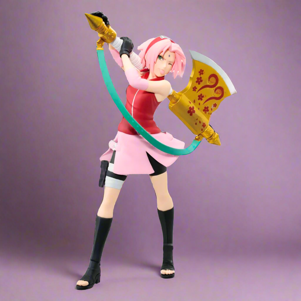 Action figure with pink hair and a red outfit holding a weapon and shield on a purple background