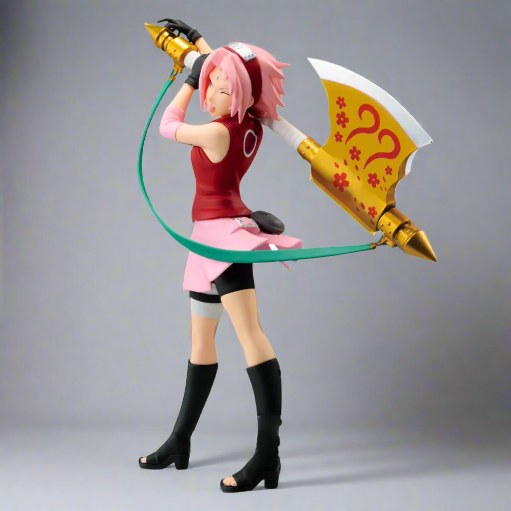 Anime character figurine with pink hair and a large weapon on a gray background