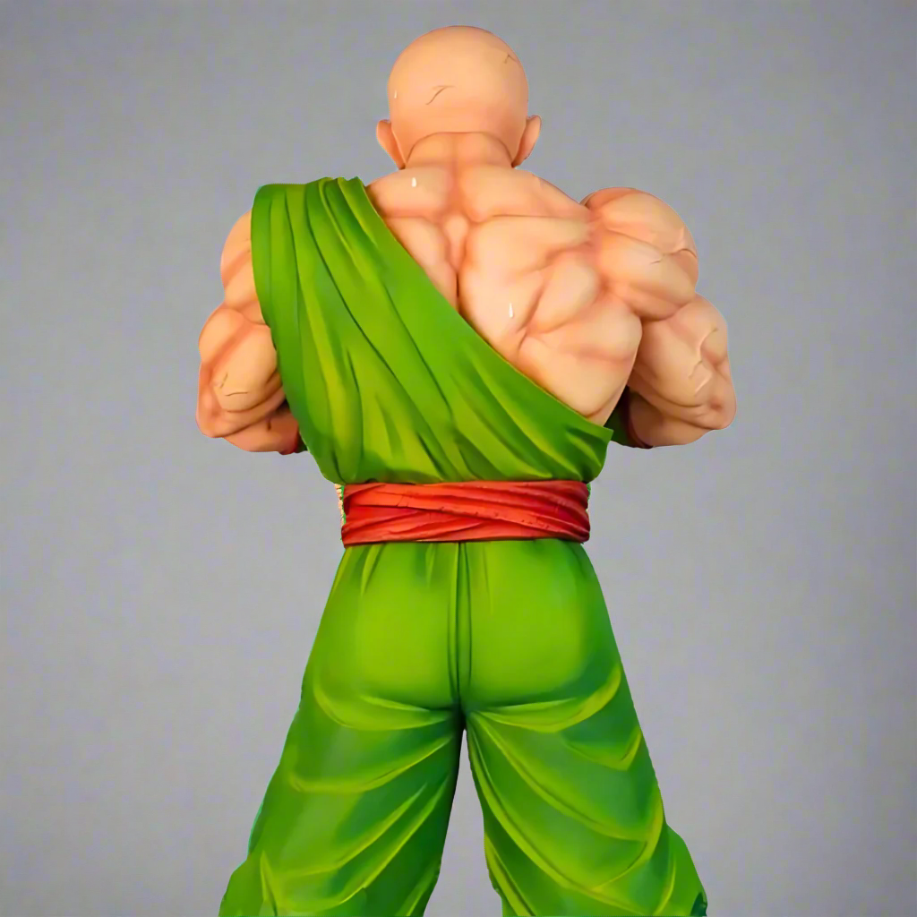 Muscular figure in a green outfit with a red belt on a gray background