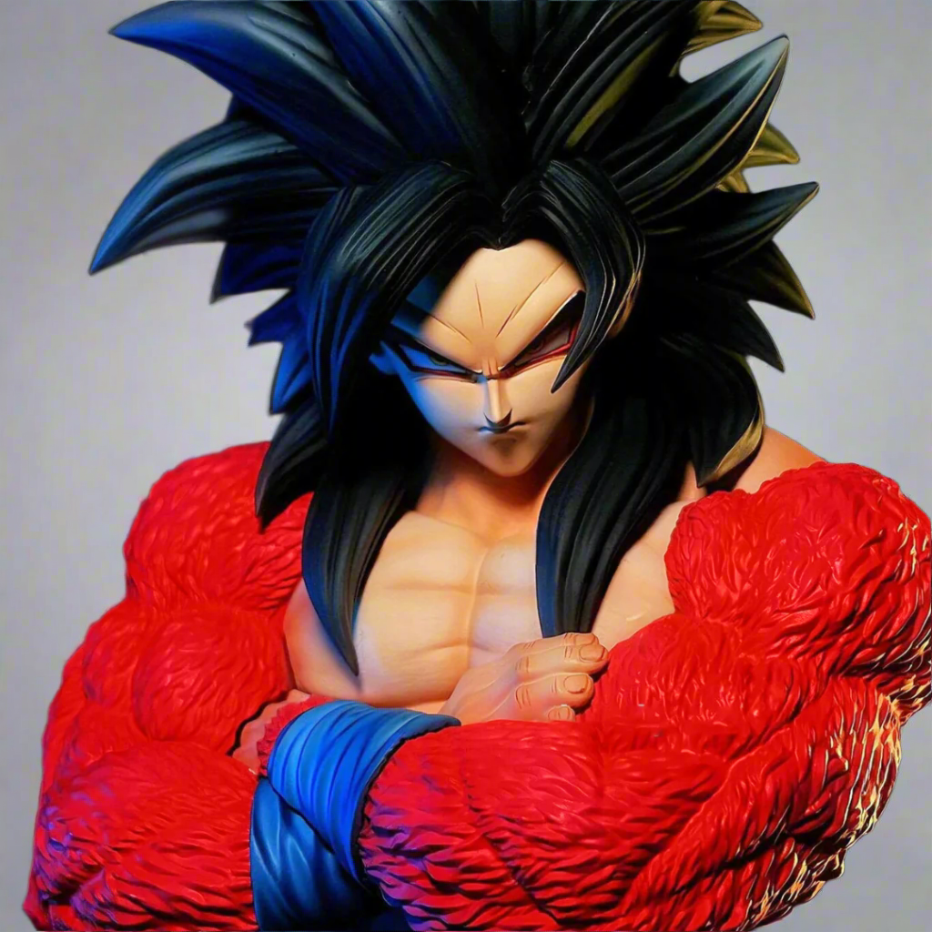 Statue of a character in a red and blue outfit with a muscular build, set against a neutral background.