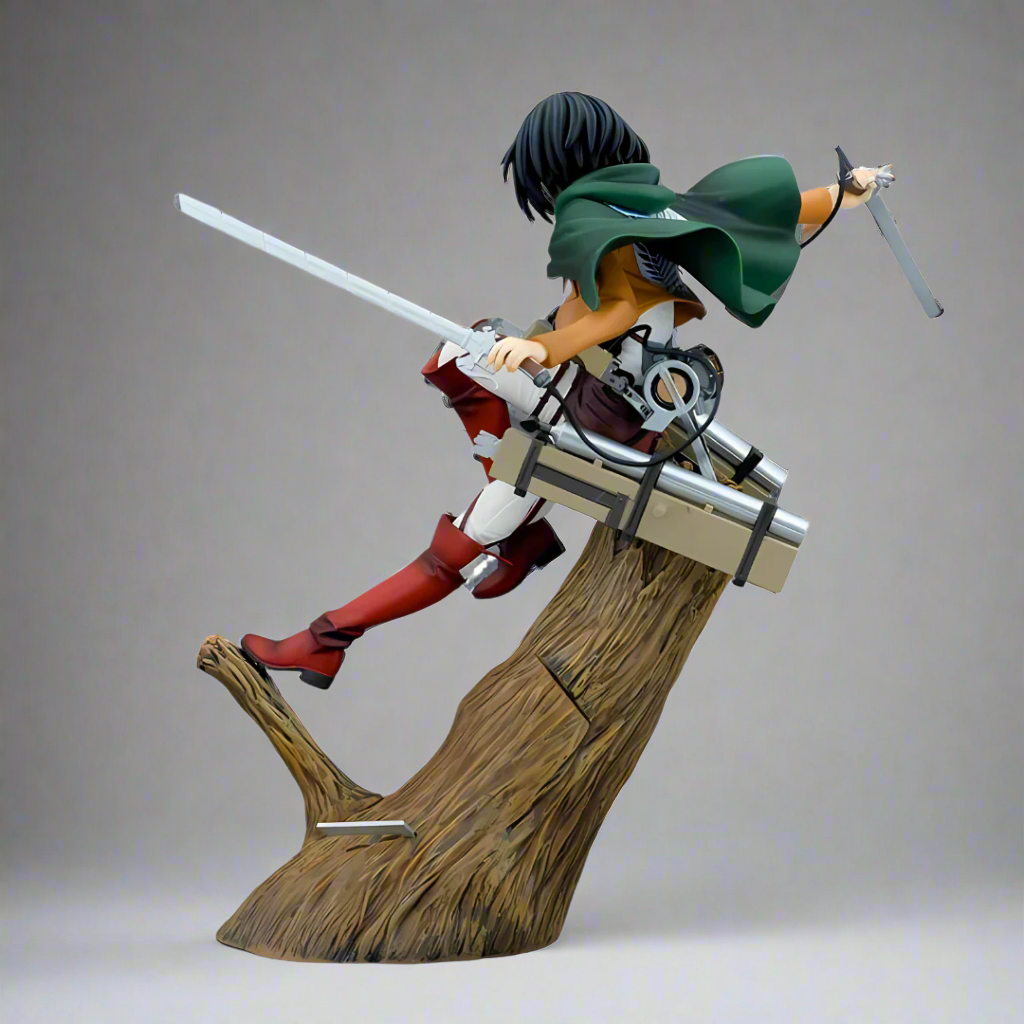 Action figure on a wooden platform with a gray background