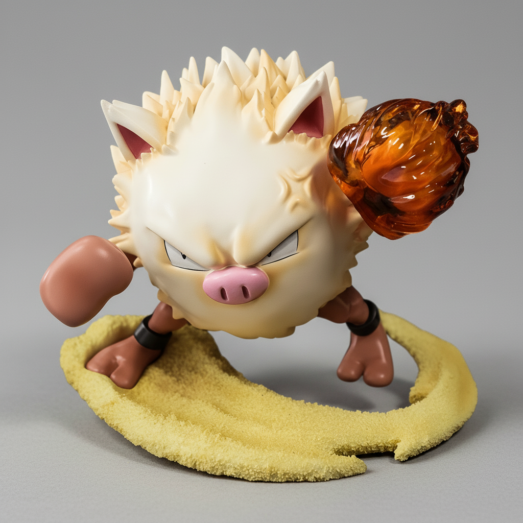Front view of Primeape anime figure with clenched fists and intense expression, standing on sandy base, 7cm PVC collectible gift.