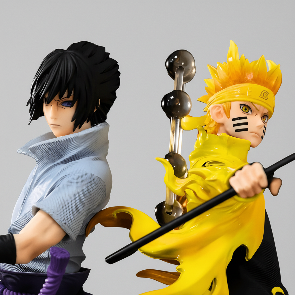 Close-up of Naruto and Sasuke figure faces – Destiny Rivals PVC statue