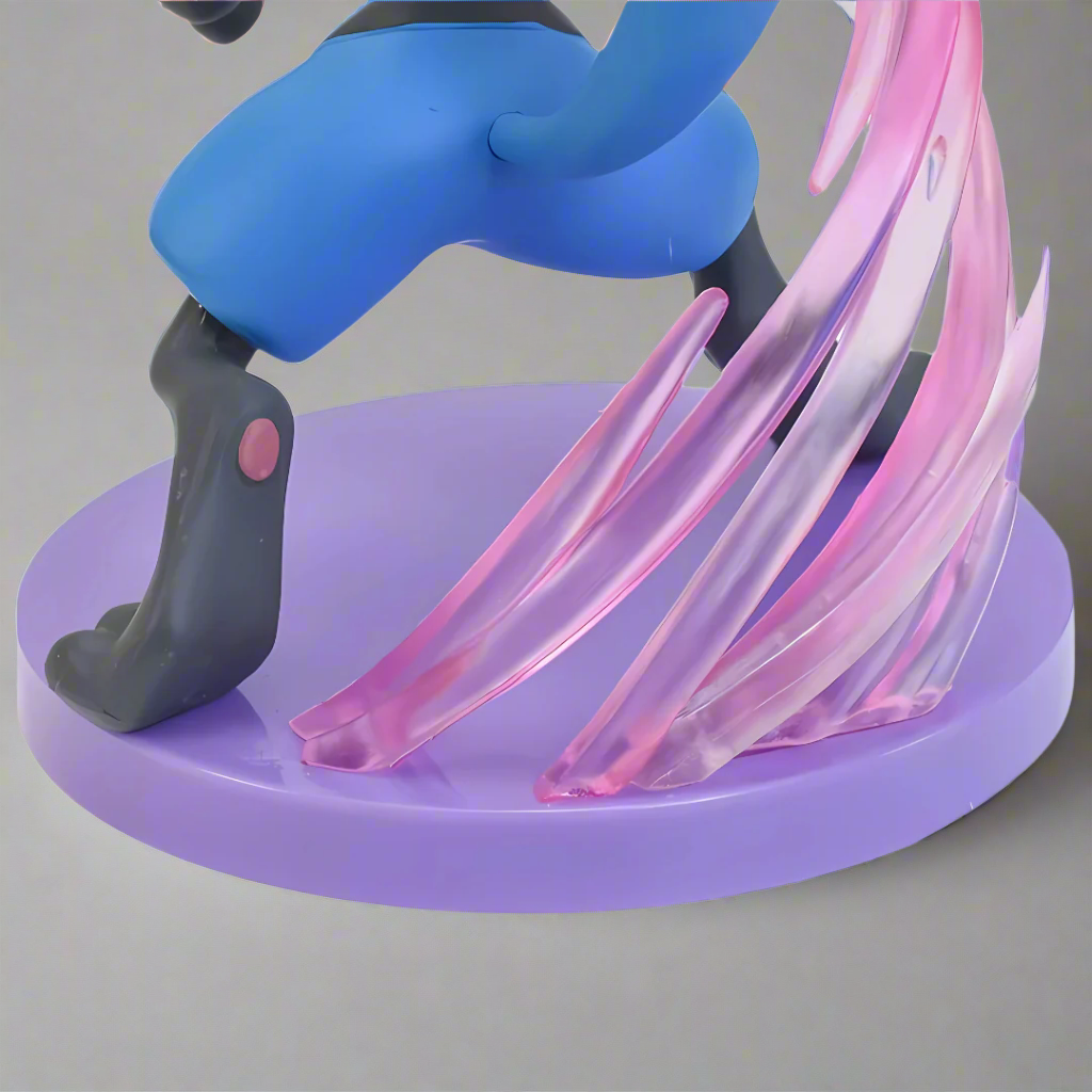 Toy figure with pink and purple flowing elements on a gray background