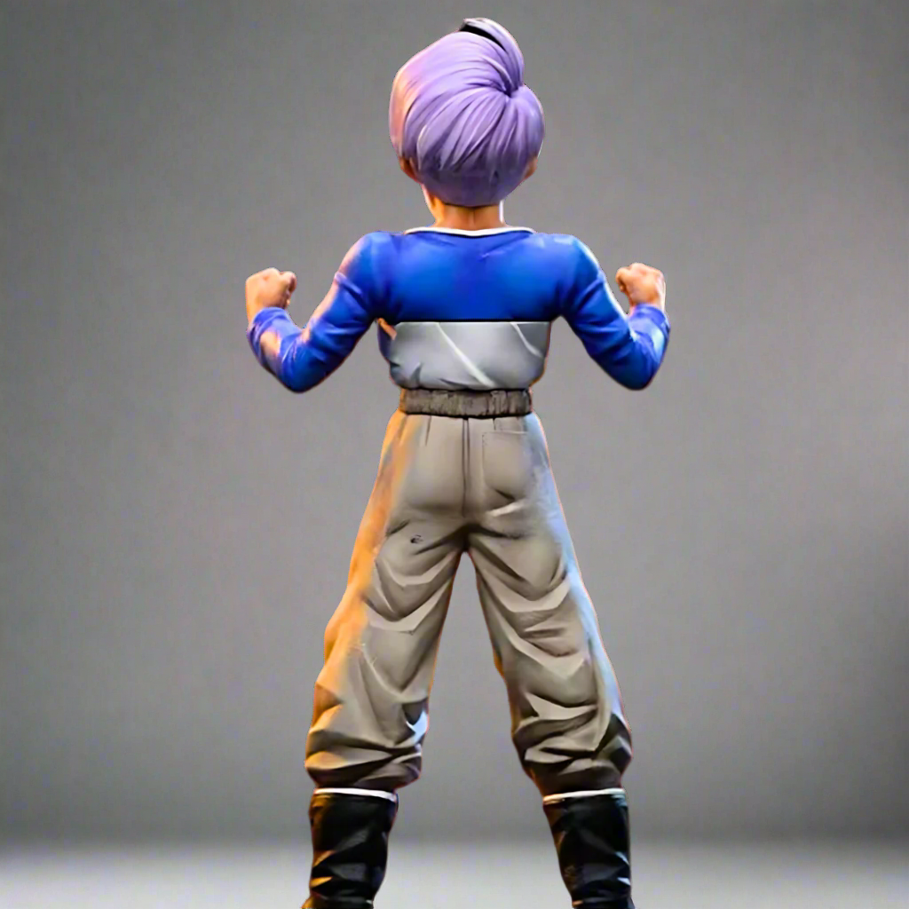 Action figure with a purple top and gray pants on a gray background