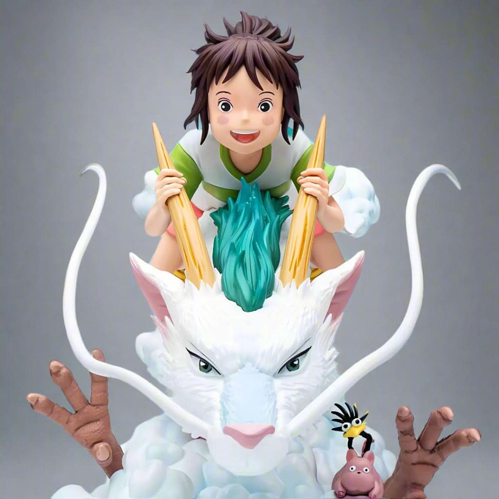 Figurine of a character with a white creature and small figures on a gray background