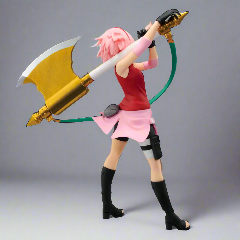 Action figure of a character with pink hair and a large weapon on a gray background