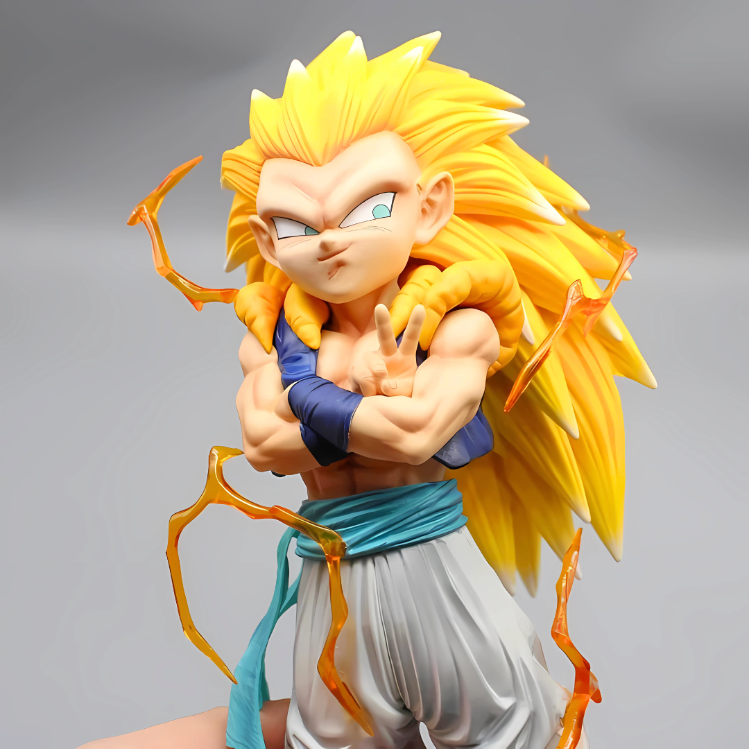 Action figure with spiky yellow hair and blue outfit on a gray background