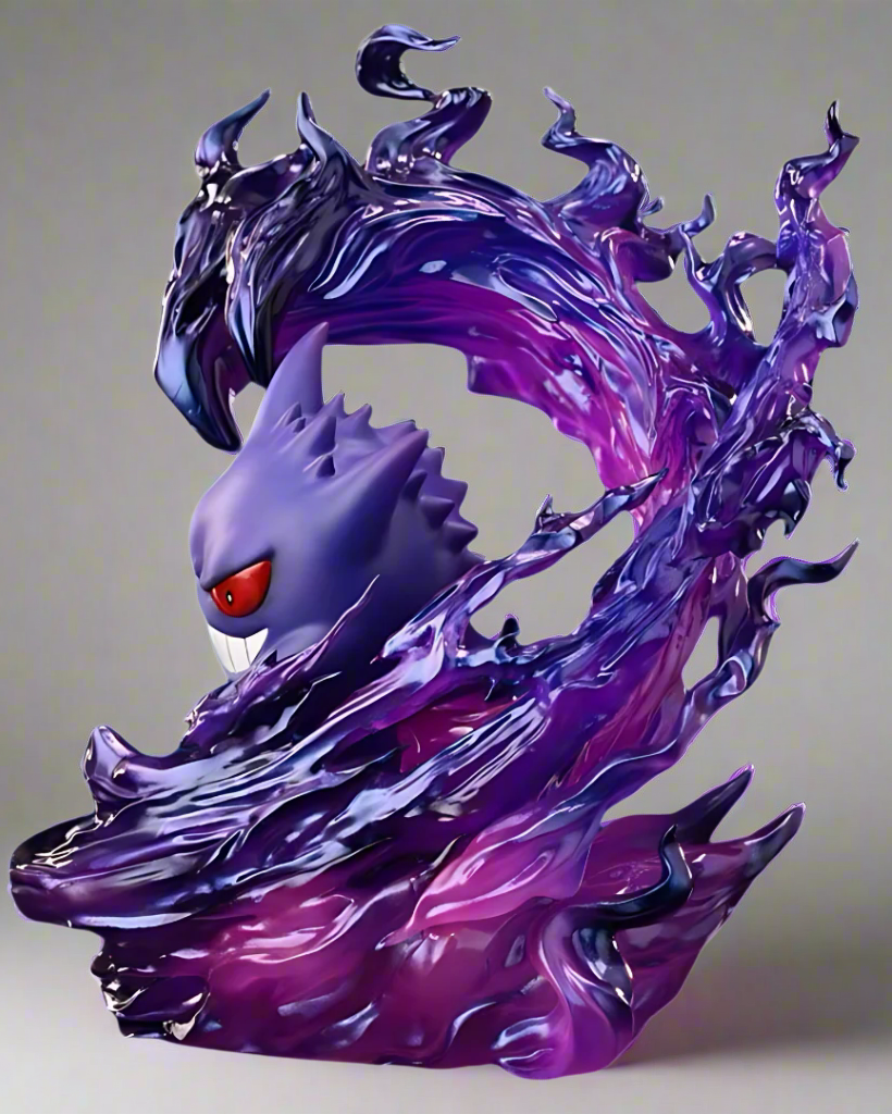 Gengar Pokémon collectible in ghostly attack stance – dramatic swirling base and intense eyes.