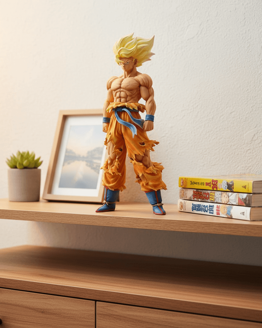 Goku Super Saiyan PVC statue displayed on a shelf – perfect for anime figure collectors.