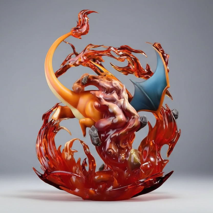 Dragon-like creature sculpture with fiery design on a gray background