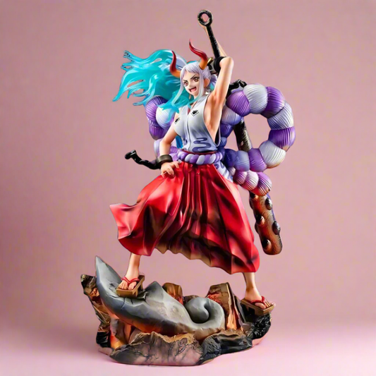 Colorful figurine of a character with a large weapon on a pink background