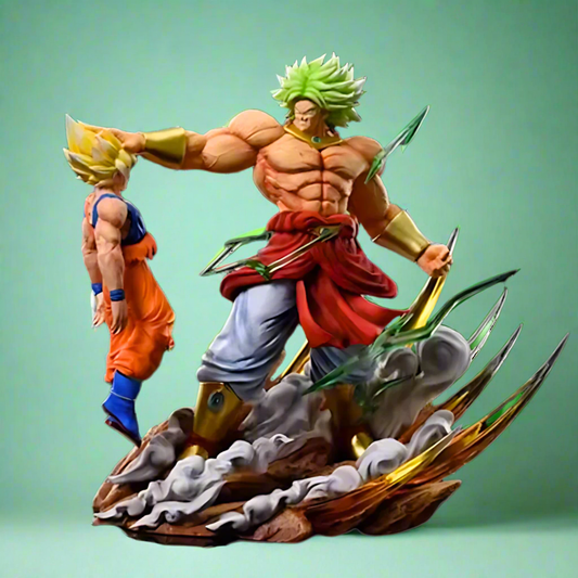 Statue of a muscular character with green hair and another character in orange and blue on a green background