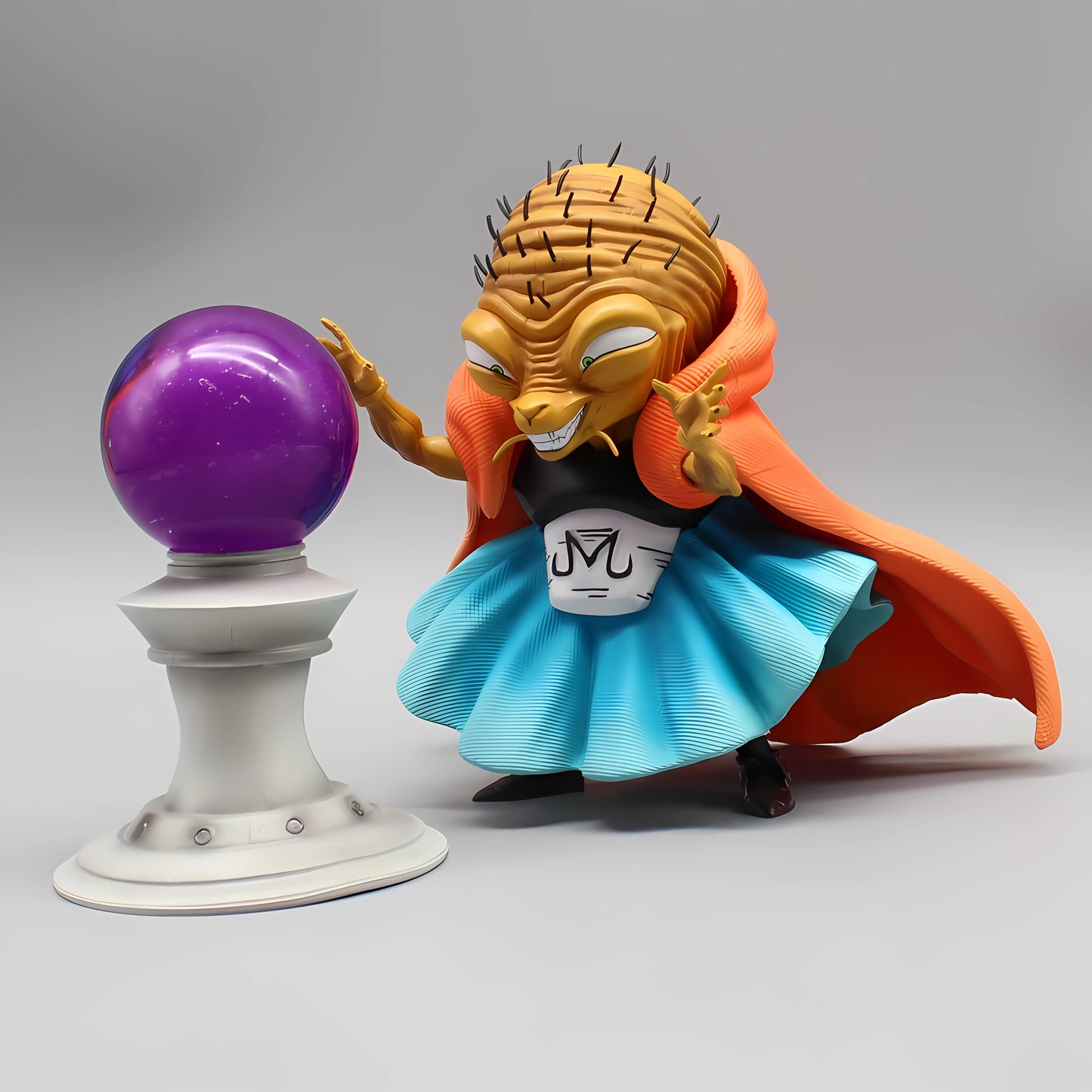 Dragon Ball collectible figure of Babidi with his hand stretched towards a purple crystal ball on a classic column pedestal, capturing a moment of sorcery in Dragon Ball memorabilia.