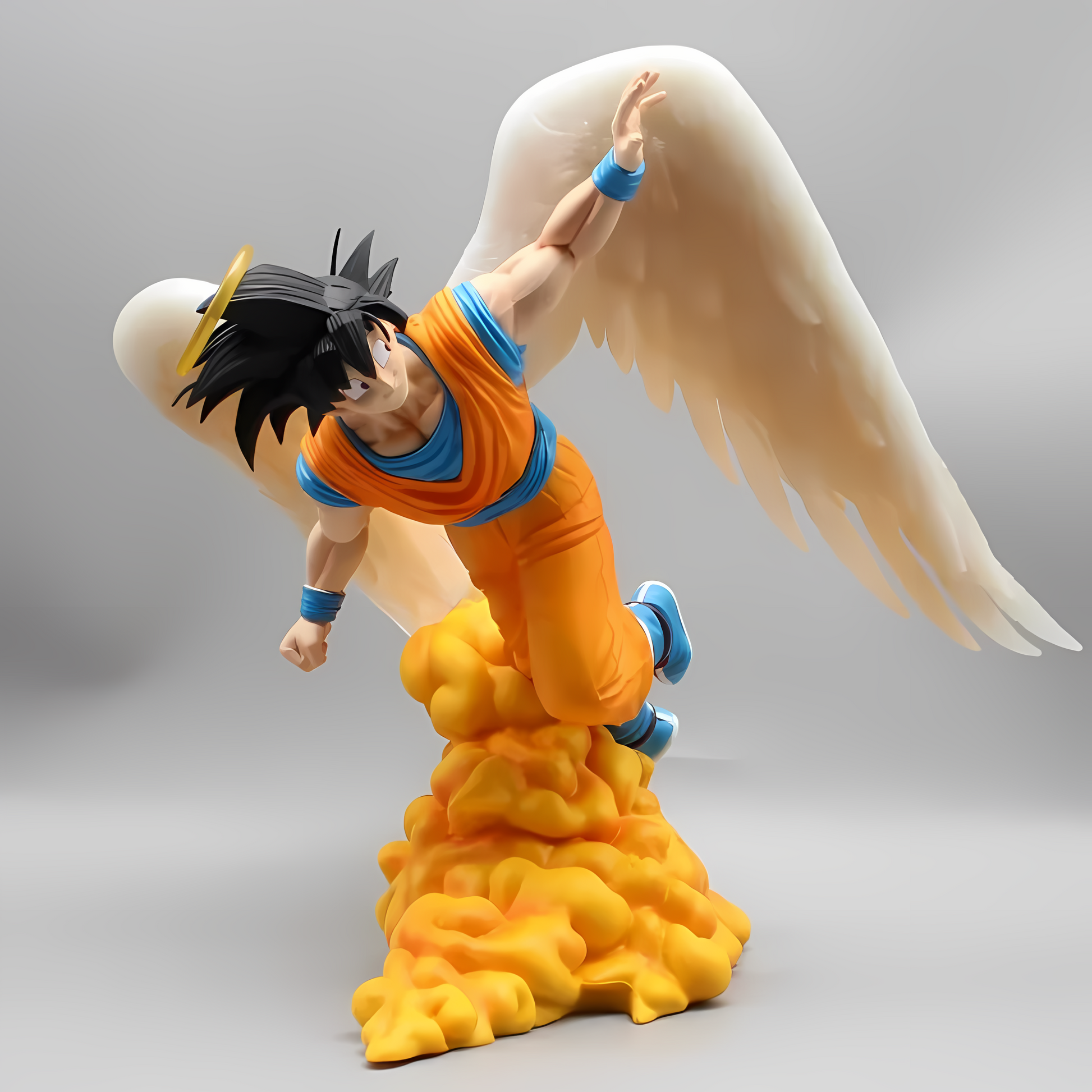 In the 'Raising from Heaven Goku' figure from Dragon Ball, Goku is captured in an ascent, with his head turned skyward and one hand reaching towards the heavens. The figure features Goku with large angelic wings spread wide, kneeled on a fluffy, cloud-like base, wearing his trademark orange gi, creating an inspiring image of hope and ascension.