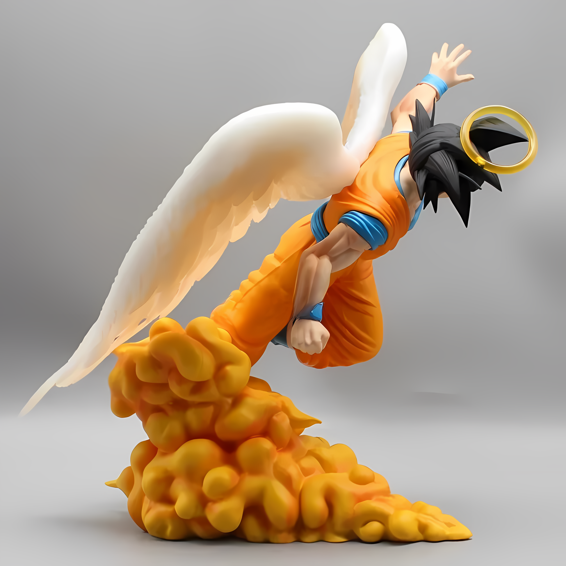A side view of the 'Raising from Heaven Goku' figure from Dragon Ball, showing Goku with outstretched angelic wings and a halo, appearing to ascend. He's positioned in a kneeling posture on a vibrant cloud, with his traditional orange fighting gi and blue wristbands, embodying a sense of divine power and grace.