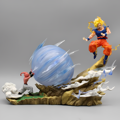 The Goku vs. Buu figure captures the intensity of their battle, with Goku mid-air above Buu's powerful energy attack, against a neutral background.
