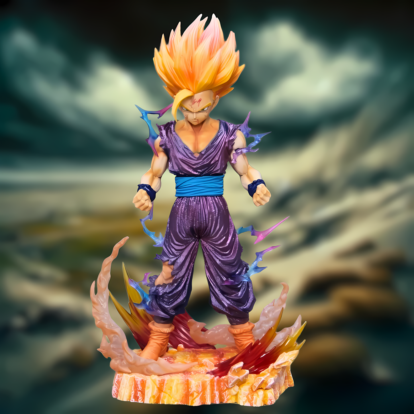A dynamic collectible figure of Gohan from Dragon Ball with flaming orange hair in Super Saiyan form, poised for battle on a fiery base, against a tempestuous sky background.