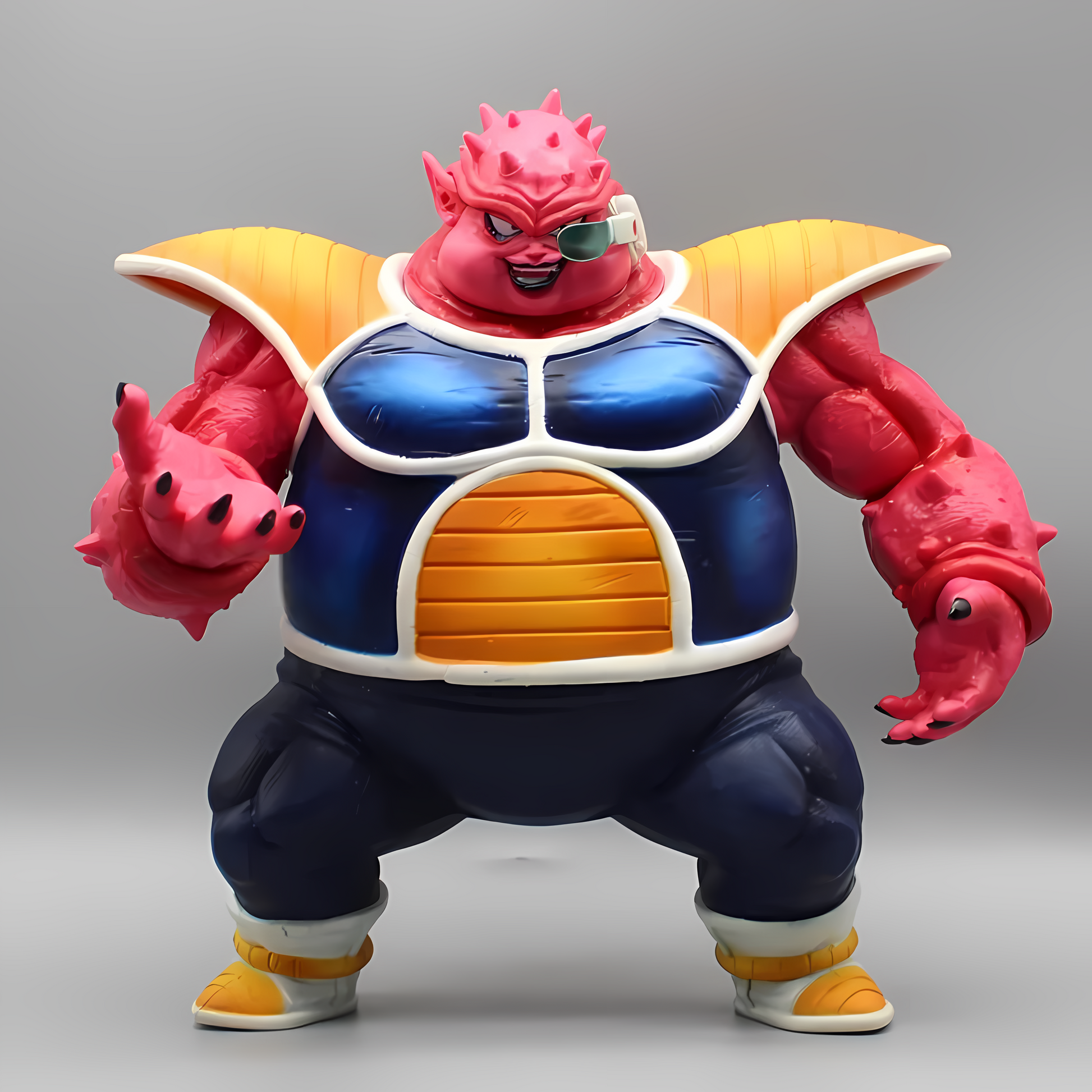 The Dragon Ball collectible figure Dodoria in a stance, with detailed red skin, wearing a blue and yellow armored suit, and a white cape, against a grey background.