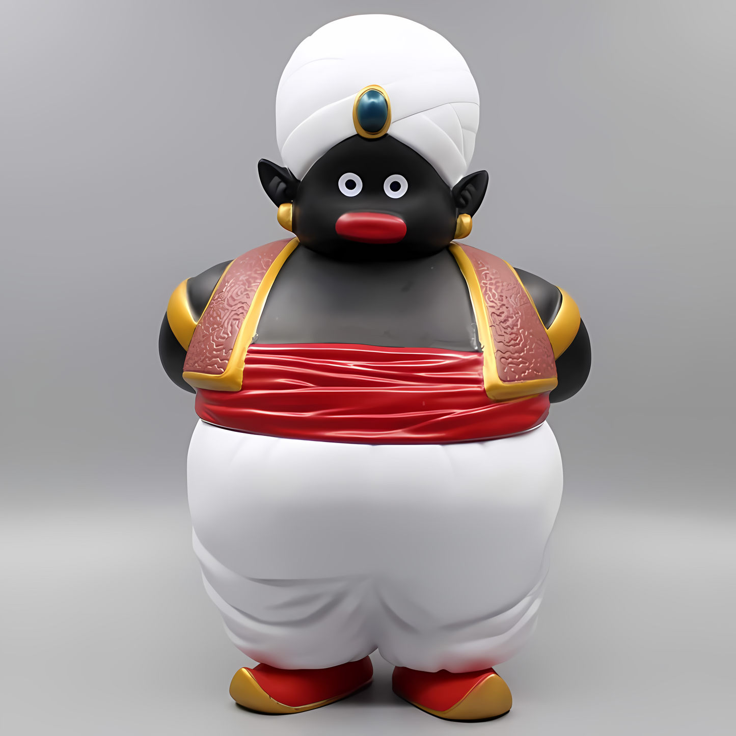 Figure of 'Mystical Guardian Popo' from Dragon Ball, portrayed as a stout figure with a white turban and a red vest, against a plain grey background.