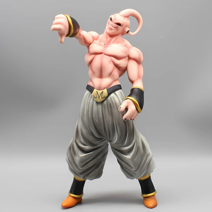Collectible figure of 'Malevolent Majin Buu' from Dragon Ball, showing a muscular pink antagonist with a confident thumbs-down gesture, against a soft grey background.