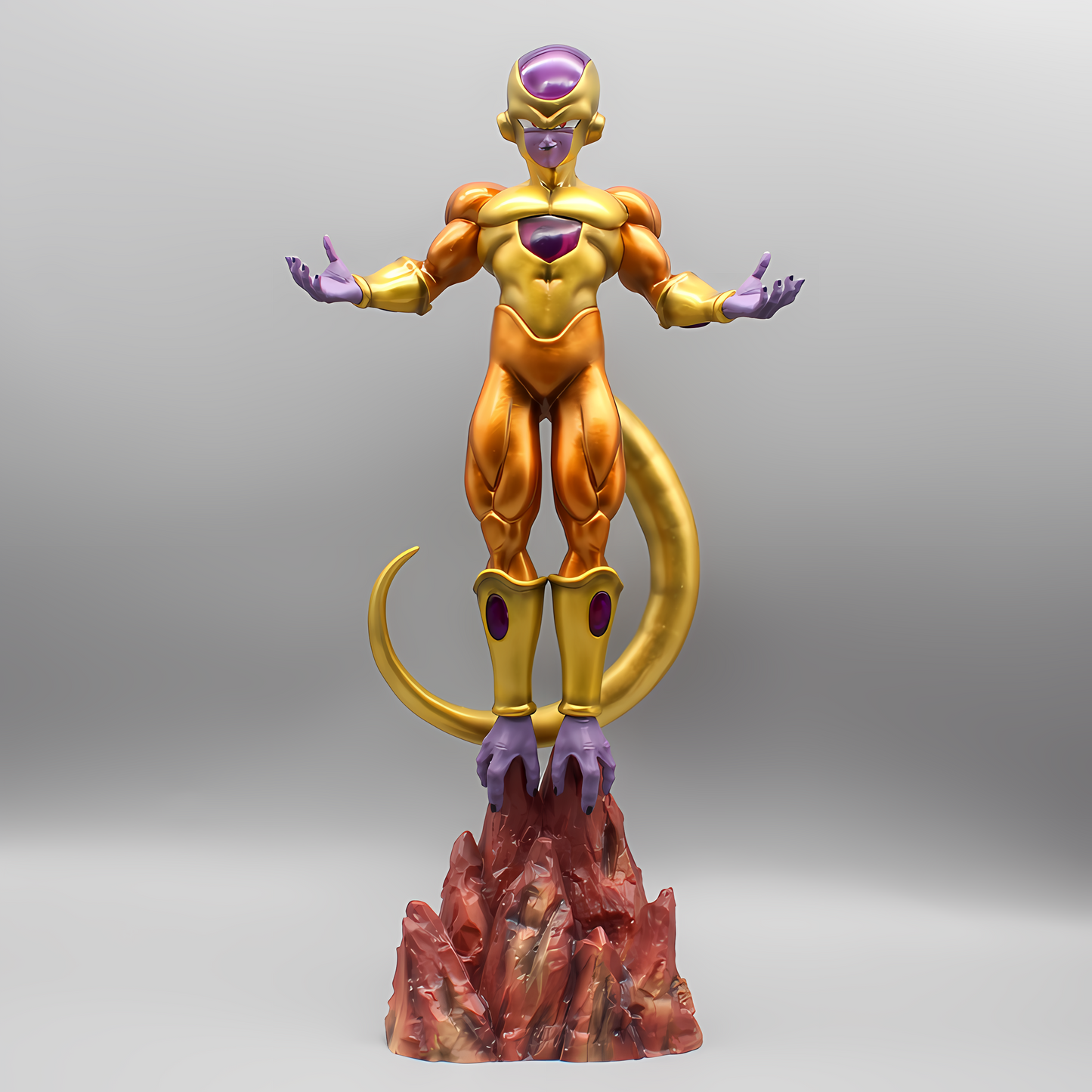 Dragon Ball collectible figure of Golden Frieza in a regal pose with arms open, standing on a molten rock base against a muted grey background.