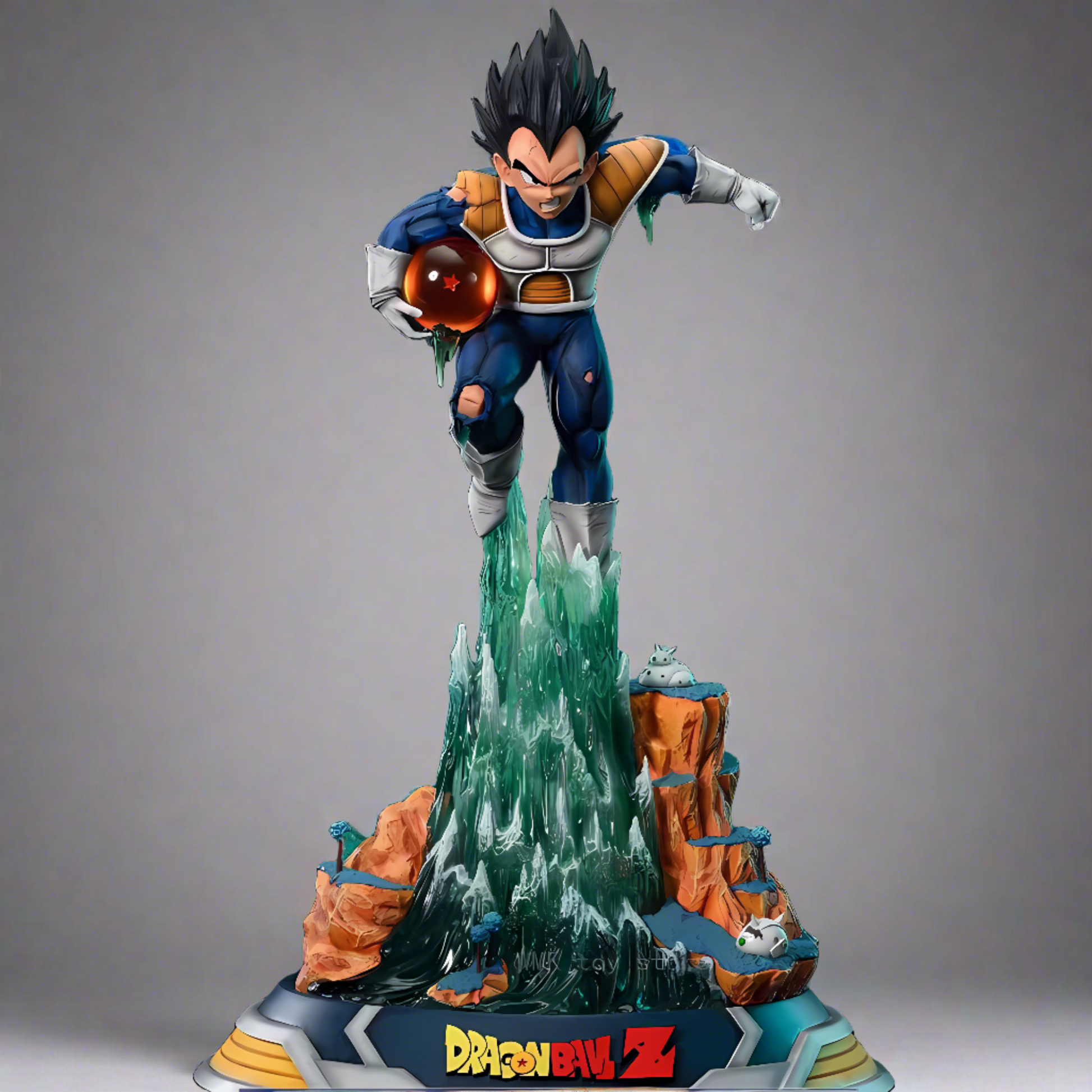 The Dragon Ball Z collectible figure of Energy Blast Vegeta stands atop a fountain of water, clutching a glowing four-star Dragon Ball. This detailed rendition of Vegeta features his signature Saiyan armor and confident smirk, against a dark background that makes the character and the cascading water burst vibrantly to life, with the 'DRAGON BALL Z' logo displayed prominently at the base.