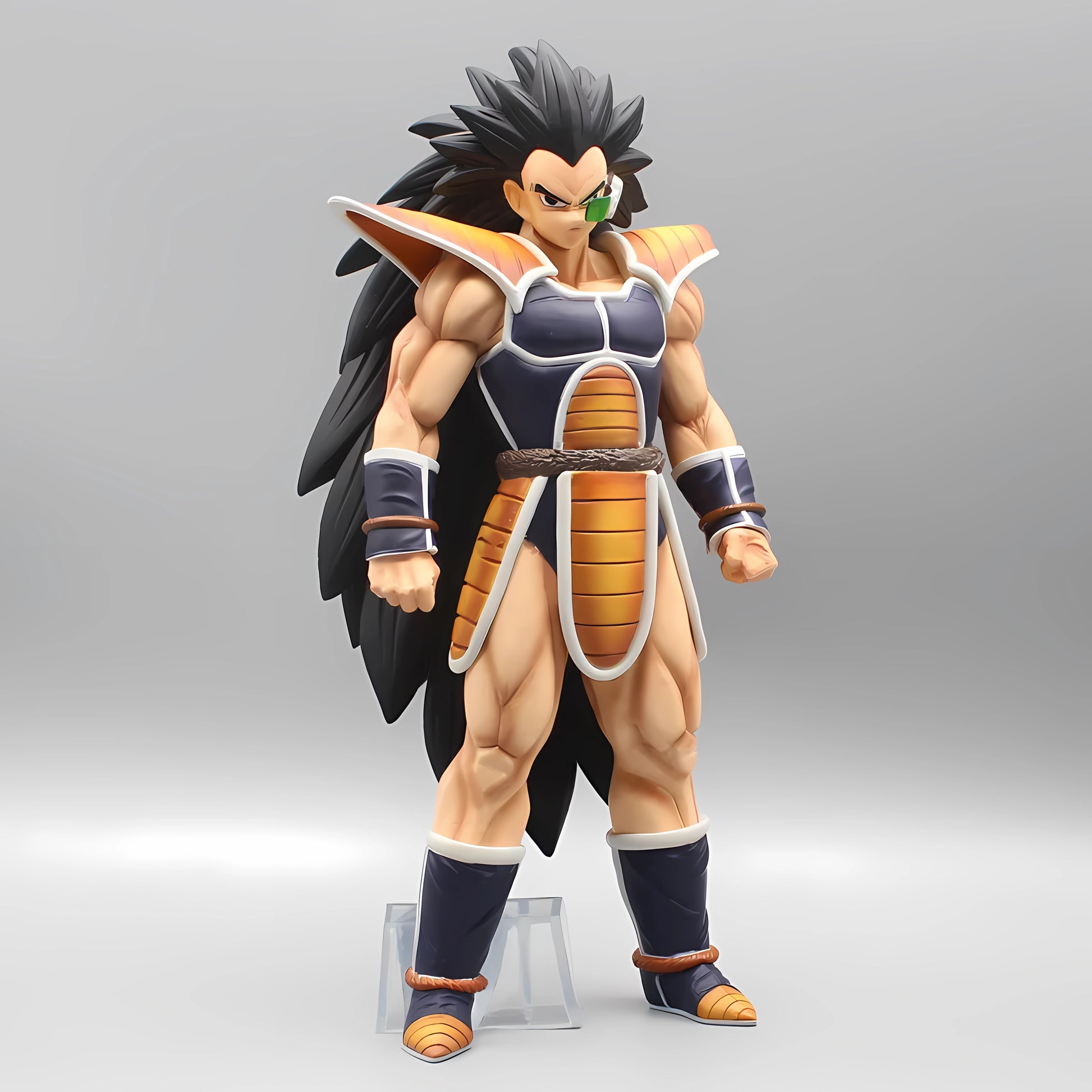 Dragon Ball figure of Raditz standing confidently with arms at his sides, featuring his long spiky black hair and Saiyan armor, on a clear stand against a grey background.