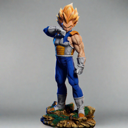 Vegeta figure in a powerful stance from Dragon Ball Z, featuring detailed muscle sculpting and Super Saiyan hair, against a plain white background.