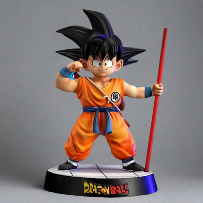 Dragon Ball figure of Goku as a child, in his classic orange outfit with the Power Pole, set against a plain black background that highlights the details of the figure.
