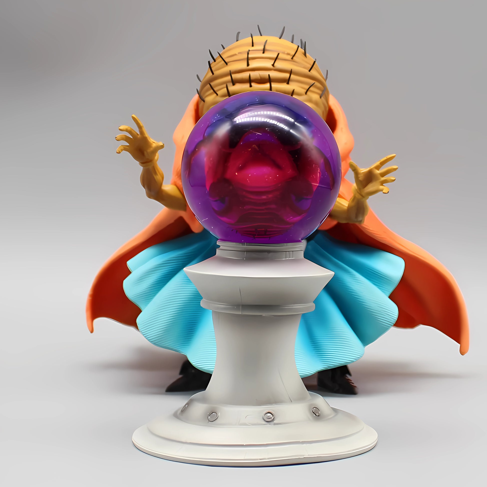 Babidi, the Dragon Ball sorcerer, fixated on the mystical energies of a glowing purple orb, a detailed collectible figure for Dragon Ball fans.