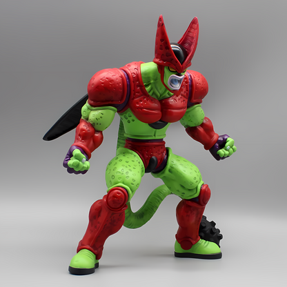 Detailed collectible figure of Cell from Dragon Ball in his 'Cell Max' form, sporting vibrant red and green colors with a dominant pose on a grey background.