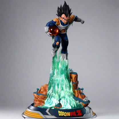 This collectible figure captures Vegeta from Dragon Ball Z in a dynamic pose on a water spout, holding a radiant four-star Dragon Ball. The figure emphasizes Vegeta's powerful stance and determined expression, while the DRAGON BALL Z base and dark backdrop highlight the detailed sculpture and the energy it represents.