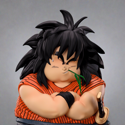 Close-up of a Dragon Ball Z Yajirobe figure, showcasing his characteristic crossed arms, sly grin, and a blade at his side, set against a solid black background for a striking contrast.