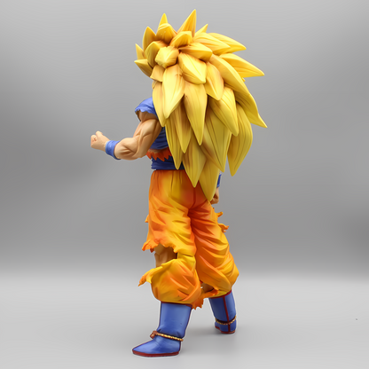 Rear view of the 'Ascendant Fury Goku' figure capturing the detailed sculpt of his spiked golden hair and tattered orange gi fluttering, from the Dragon Ball collectibles.