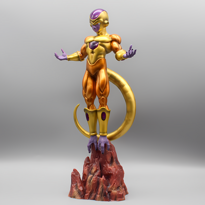 Golden Majesty Frieza figure from Dragon Ball Z, captured in full splendor from the front, hands gracefully outstretched, perched upon a craggy, fiery base.