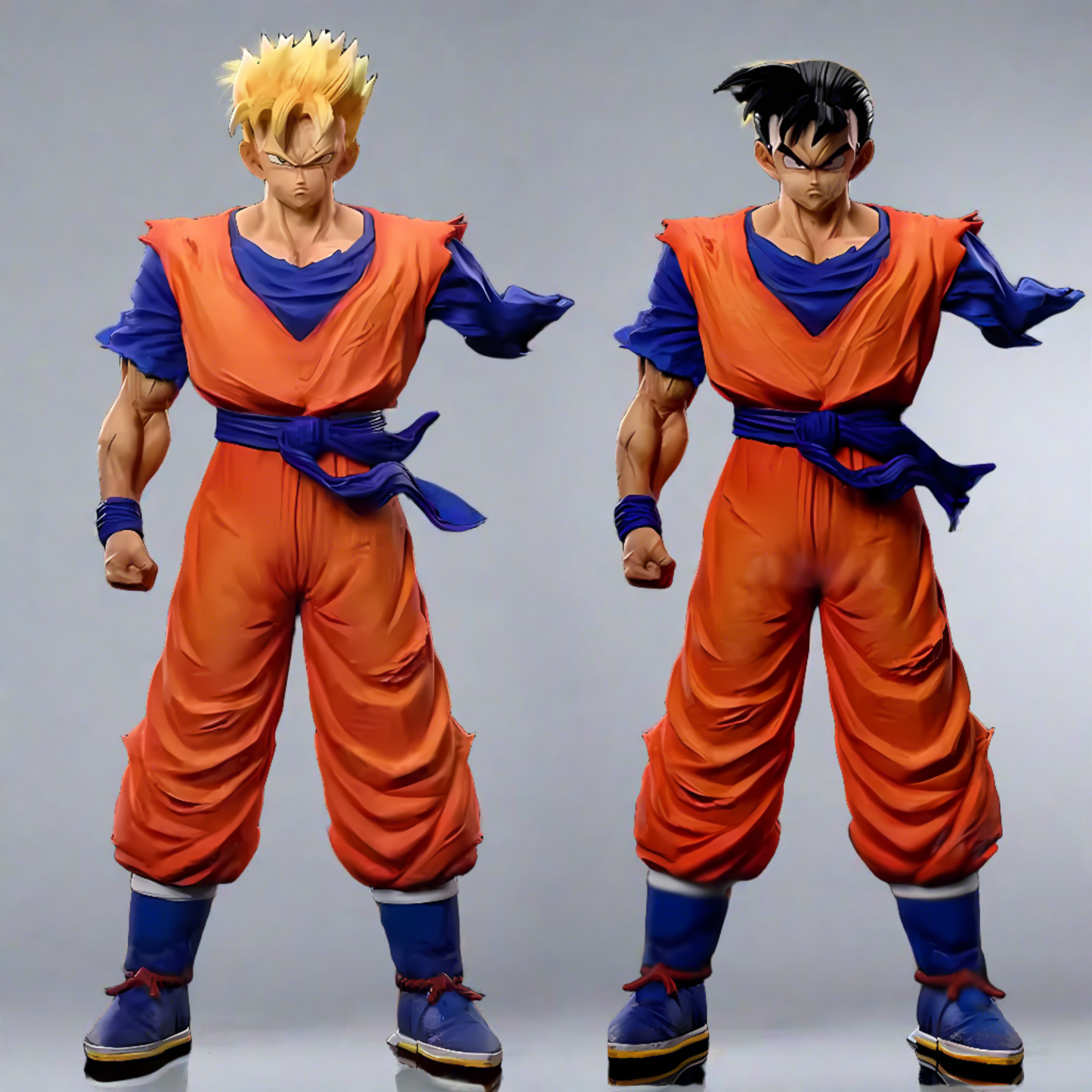 Dragon Ball figures depicting Gohan in Super Saiyan form facing forward with determination, alongside Goku, against a dark backdrop, ready for the ultimate fight.