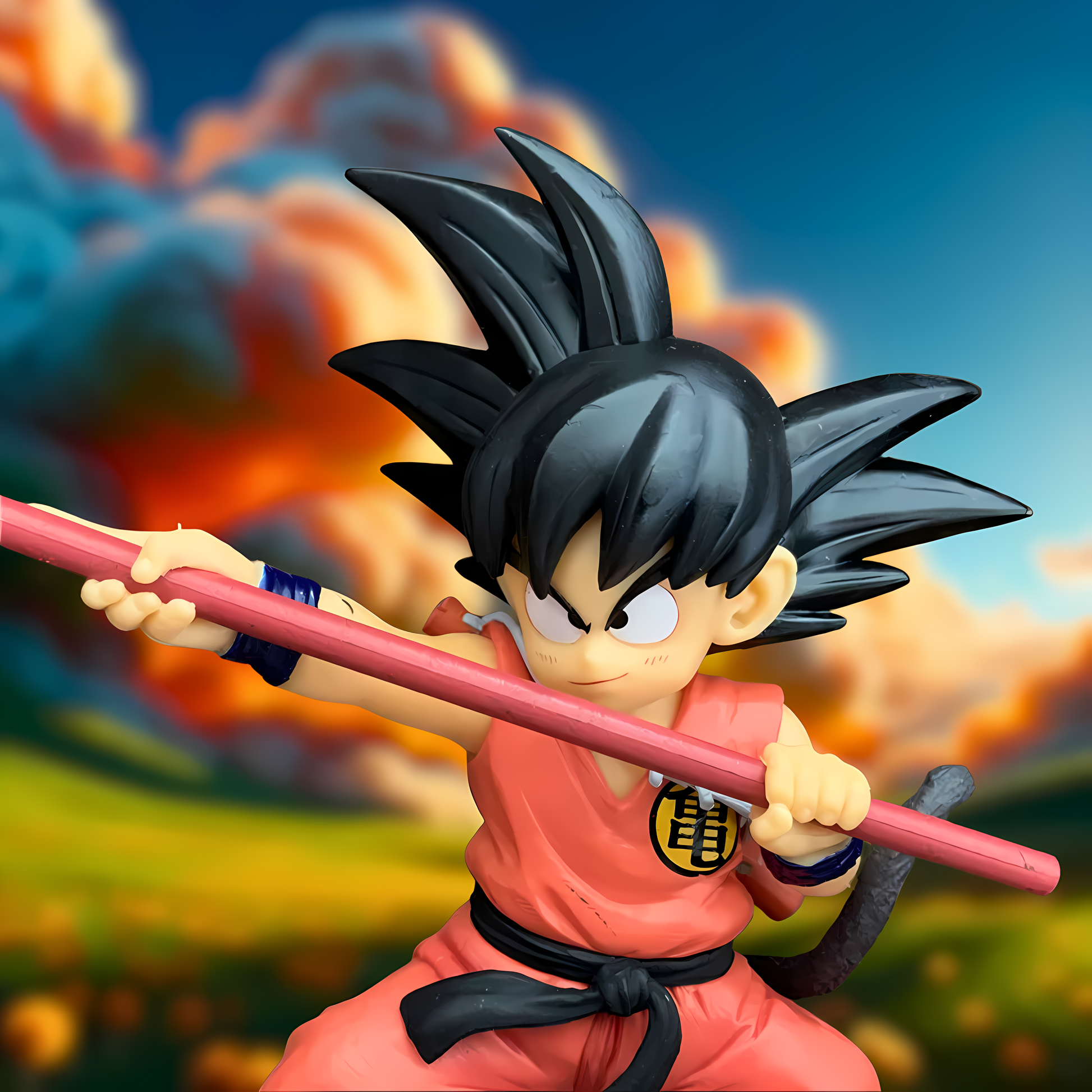 Intense Dragon Ball figure of 'The Adventures Begin' Goku, gripping his Power Pole ready for action, set before an explosive orange backdrop, a must-have for collectors.