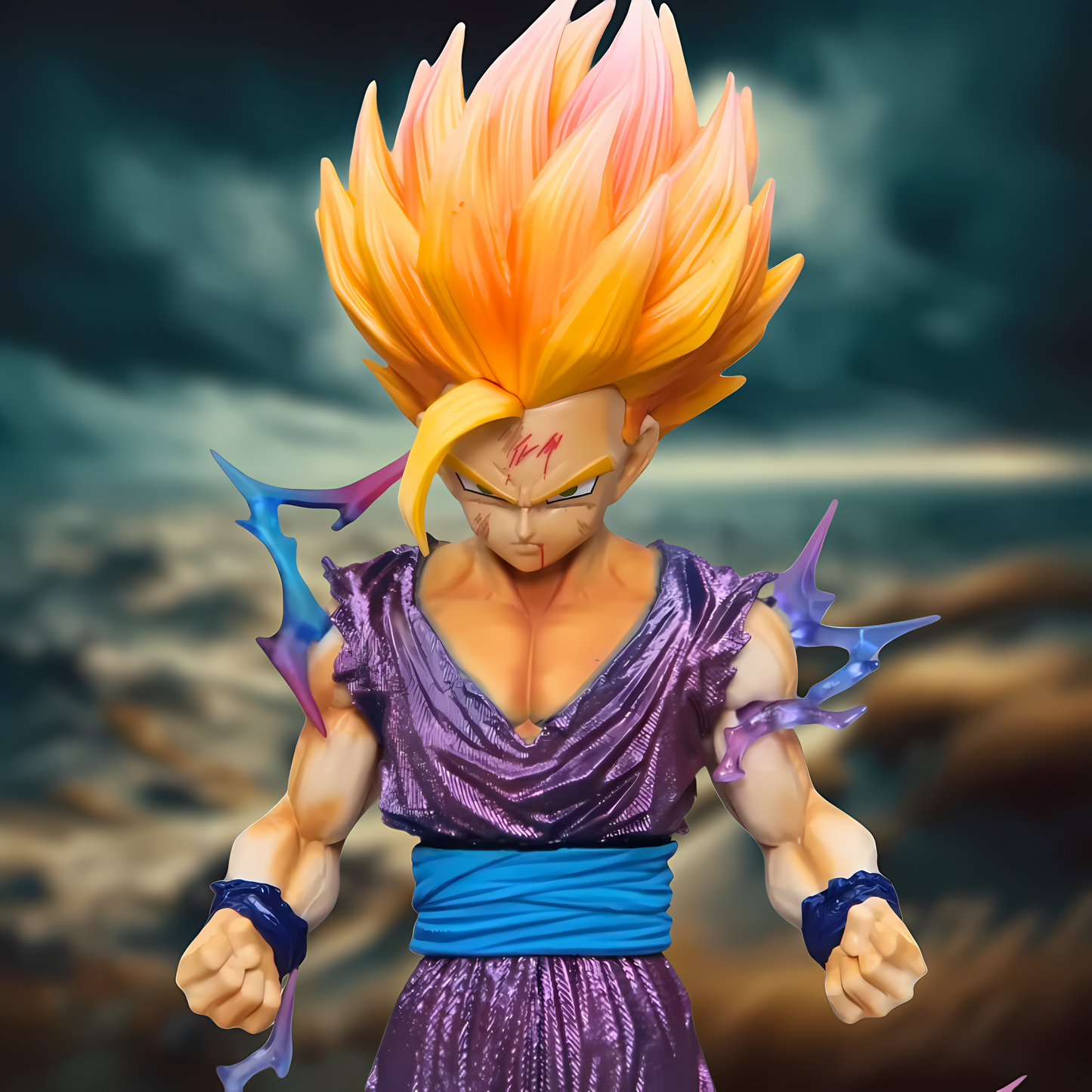 Intense close-up of Super Saiyan Gohan's figure, focusing on his determined expression and spiky orange hair, set against a blurred stormy backdrop.