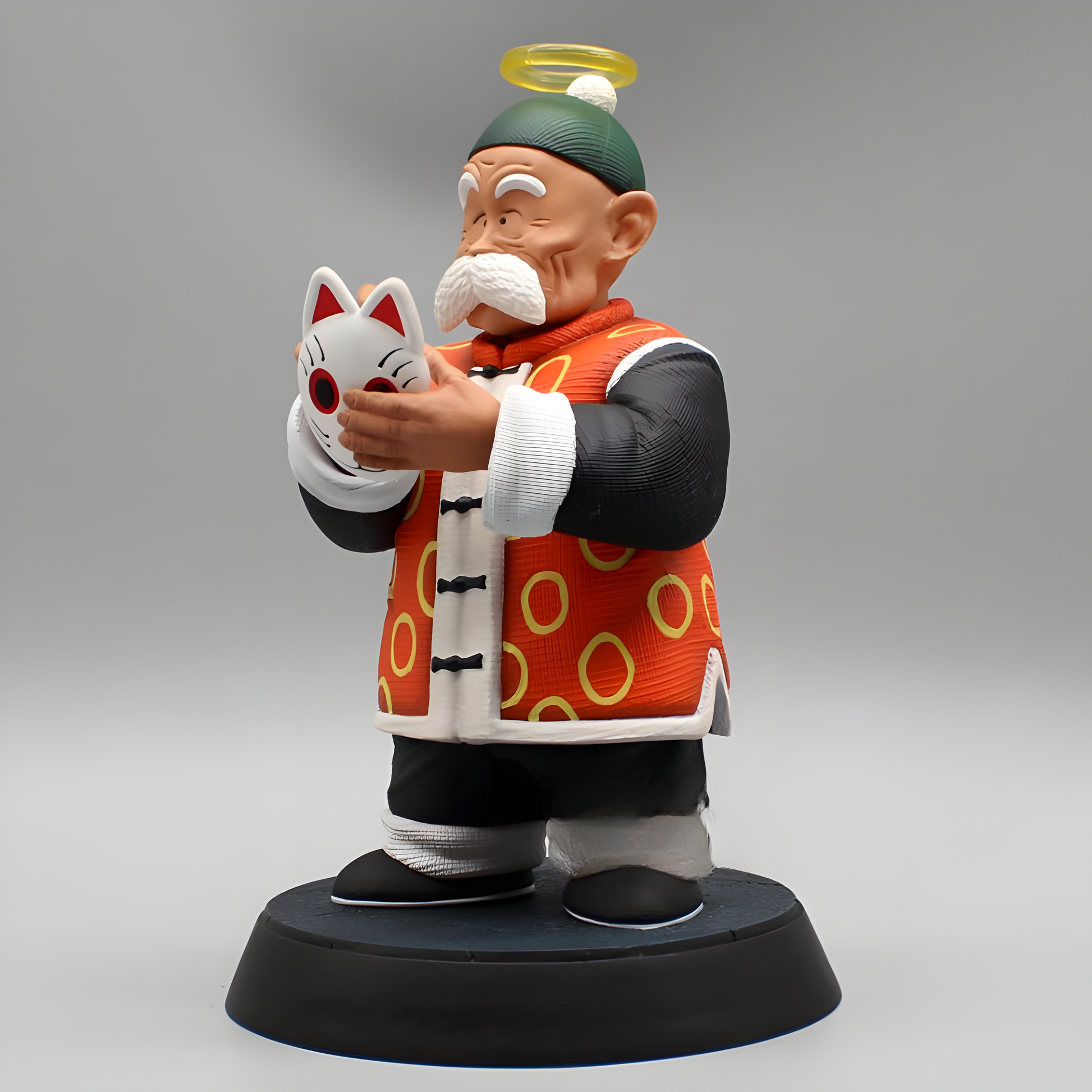 Detailed Dragon Ball figure of Master Roshi with a halo, clutching a white maneki-neko charm, a unique addition to any Dragon Ball collectibles assortment, presented on a solid grey platform.