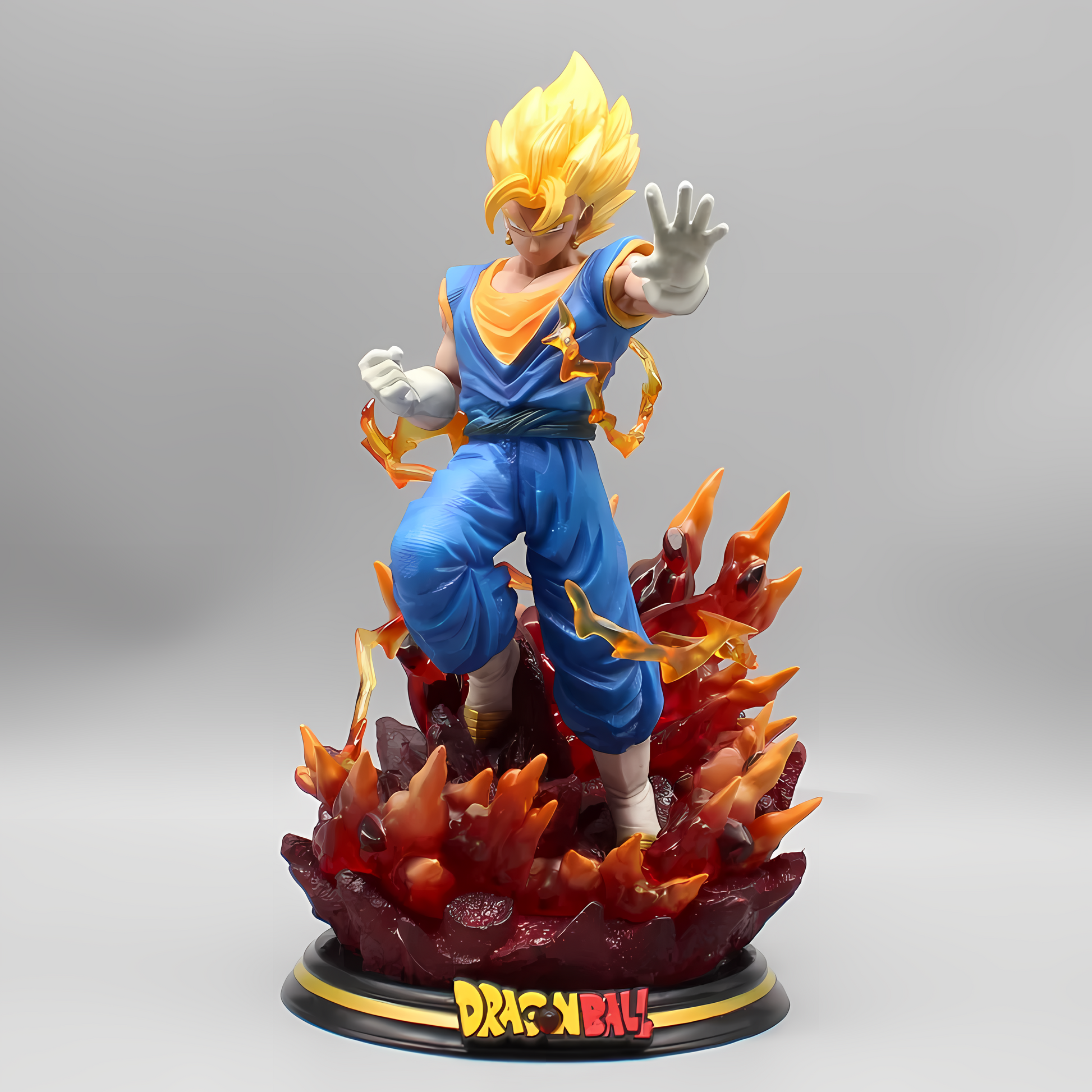 Vegetto Dragon Ball figure in a heroic stance on a flaming base, his Super Saiyan hair glowing, presented against a neutral background to highlight the fiery effects.