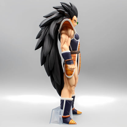 Collectible Raditz figure from the side, showcasing his powerful Saiyan armor and muscular build, with a detailed view of his flowing black mane.