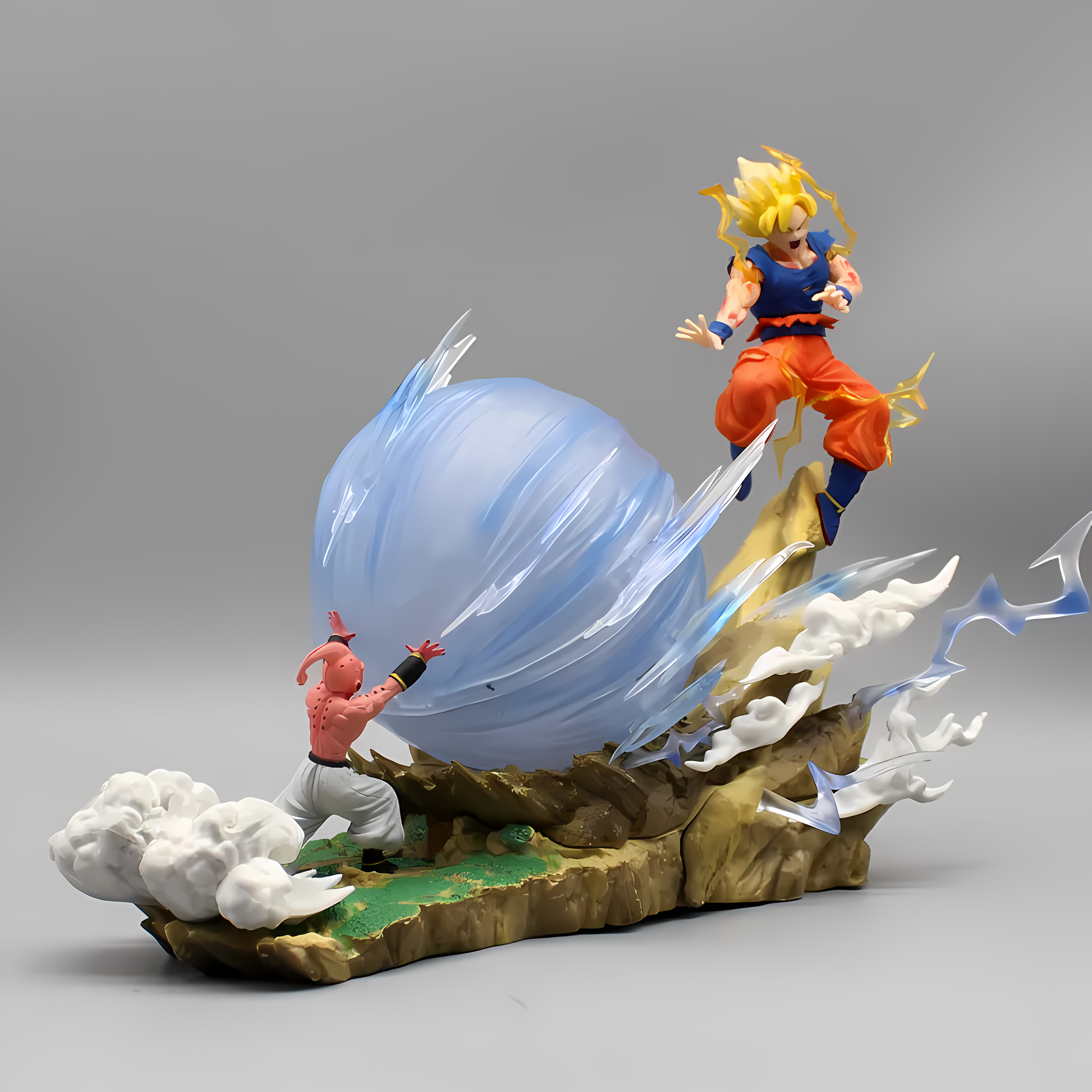 Dramatic side angle of Goku soaring over Buu's energy blast, highlighting the dynamic movement and fierce expressions of the Dragon Ball characters."